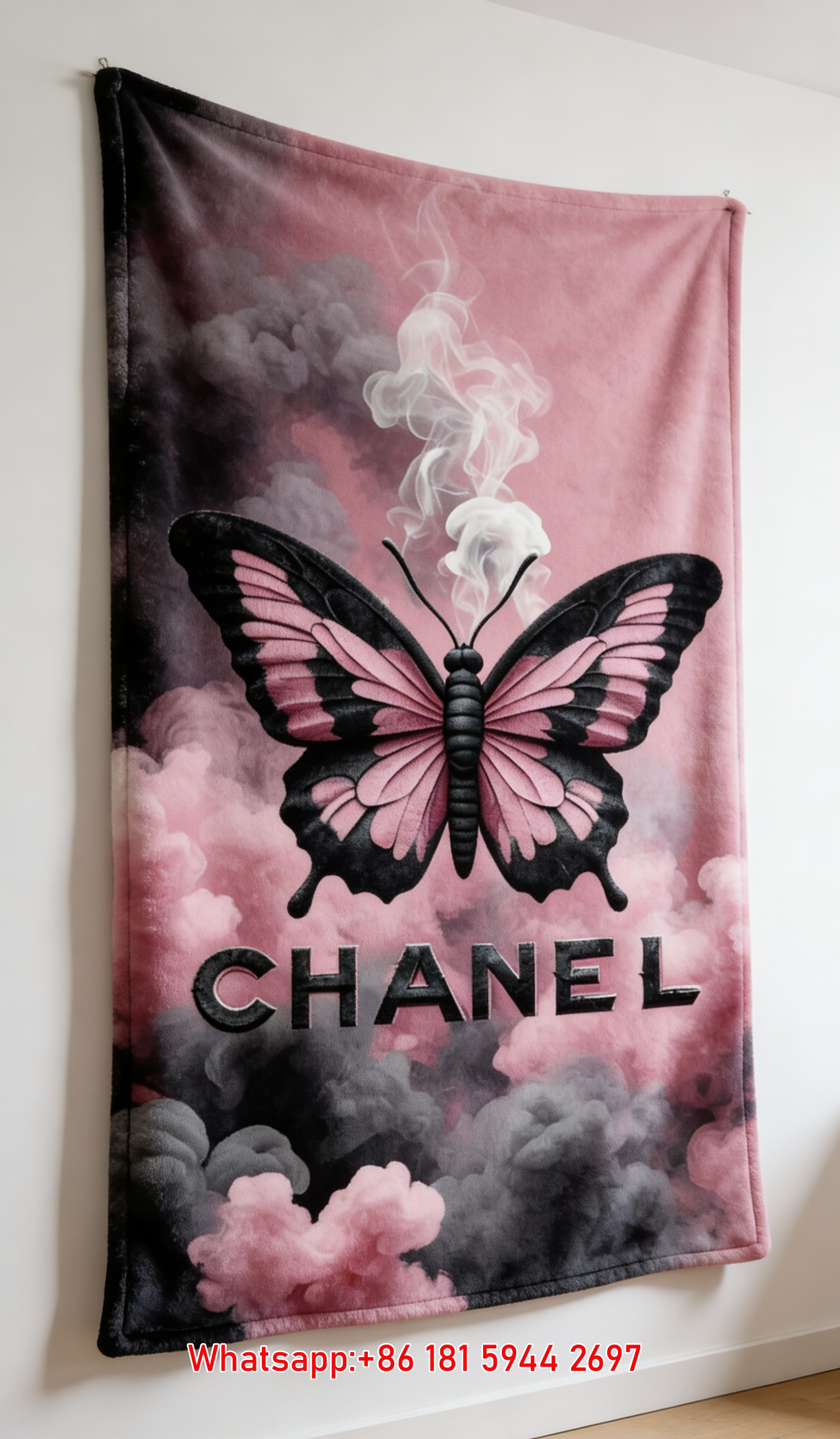Pink & Black Butterfly Chanel Flannel Fleece Throw Blanket IMG_7231